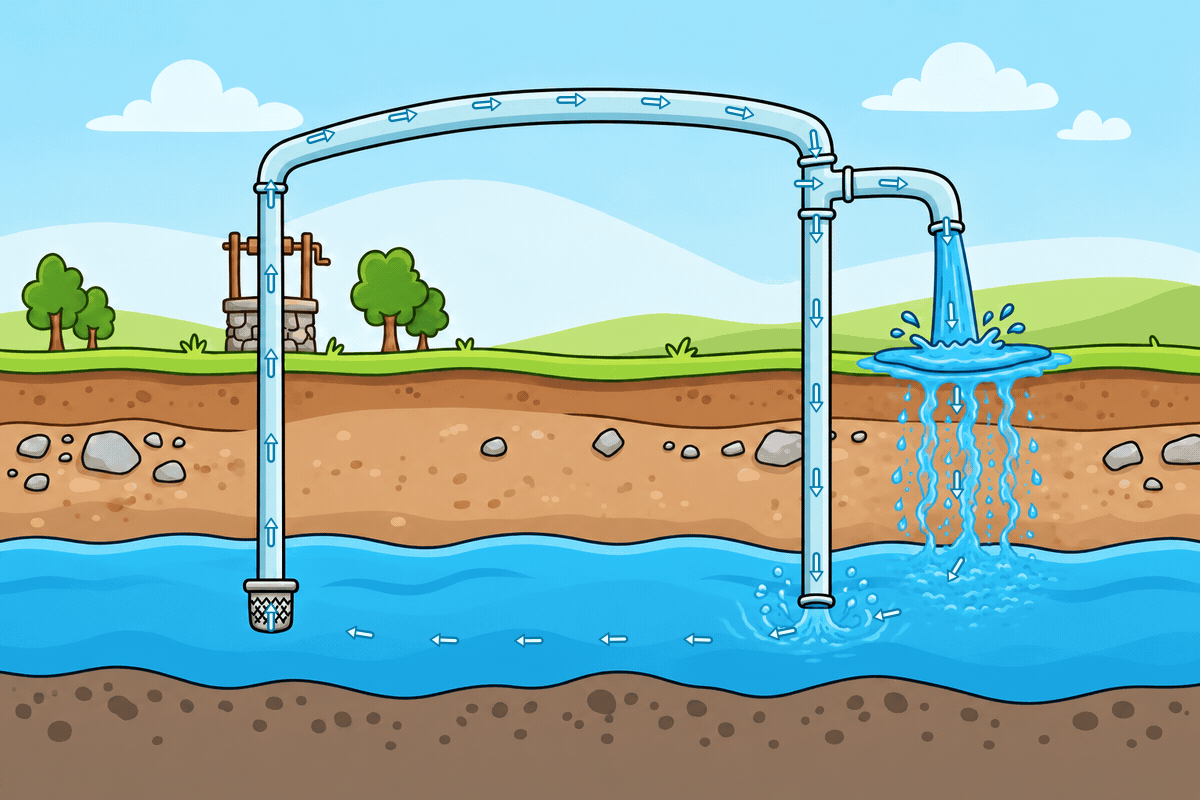 Water flows up the well and through the overhead pipe, then returns through a straight pipe into the groundwater. A side drain also pours straight down. Animated arrows show both return paths and the complete cycle back to the well.
