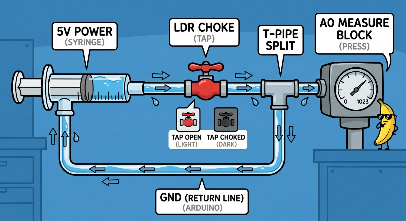 Water analogy: a 5V syringe pushes water through an LDR tap to a T-pipe, with an A0 pressure gauge and a GND return line. The tap is open in light and restricted in darkness.