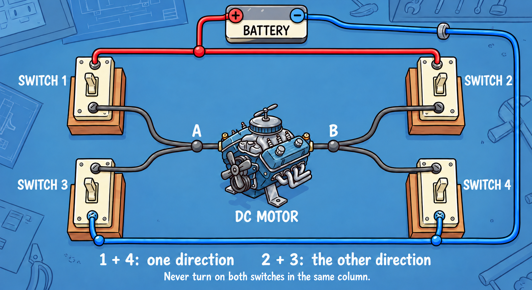 H-bridge: switches 1 and 2 connect battery positive to motor terminals A and B. Switches 3 and 4 connect those same terminals to battery negative.