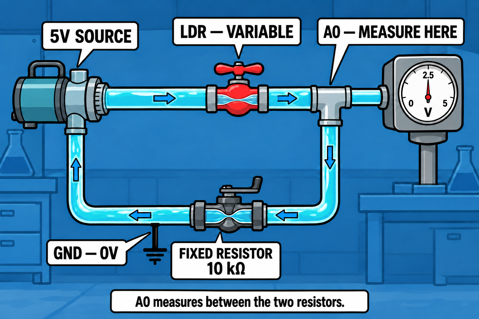 A water loop with an LDR restriction before the A0 measuring junction and a fixed 10 kilo-ohm restriction between that junction and the GND return. The gauge has a single sensing branch, with no flow through it.