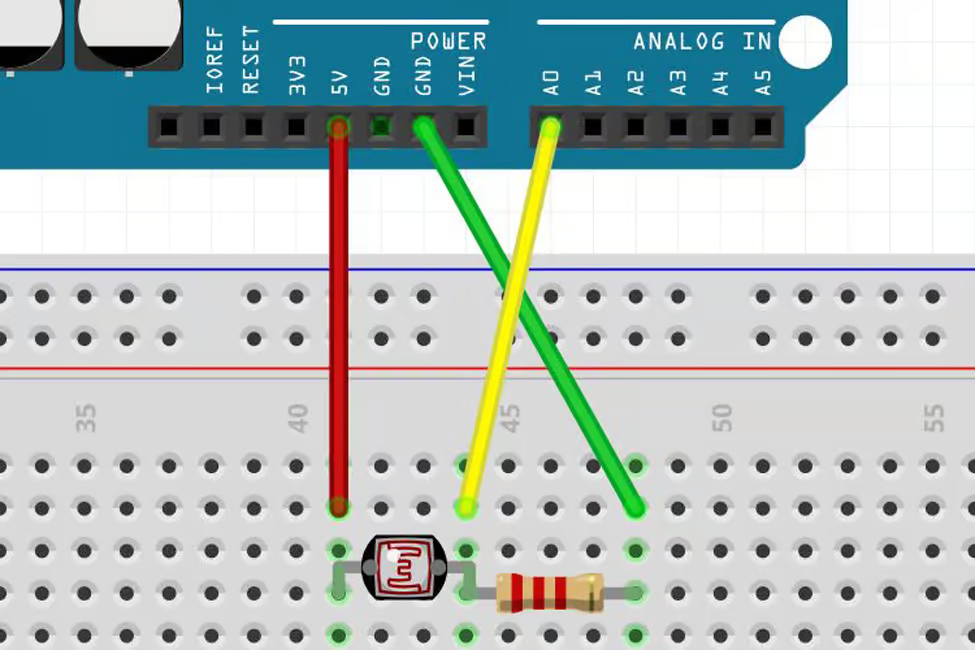 Arduino breadboard wiring: 5V connects to the LDR, A0 reads the junction between the LDR and resistor, and the resistor connects to GND.