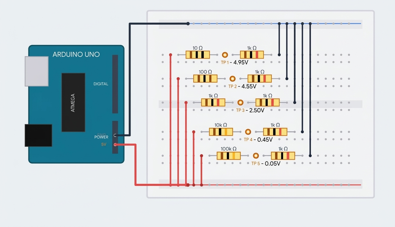 Five voltage dividers with test points labeled TP1: 4.95V, TP2: 4.55V, TP3: 2.50V, TP4: 0.45V, and TP5: 0.05V.