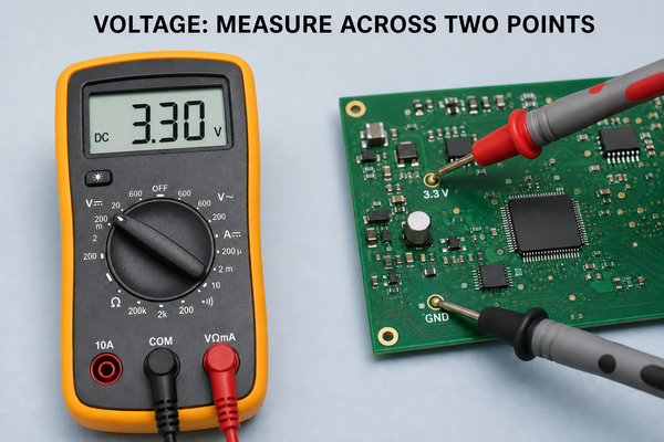 Red probe at a point labelled 3.3 V, black probe at GND; the meter reads 3.30 V.
