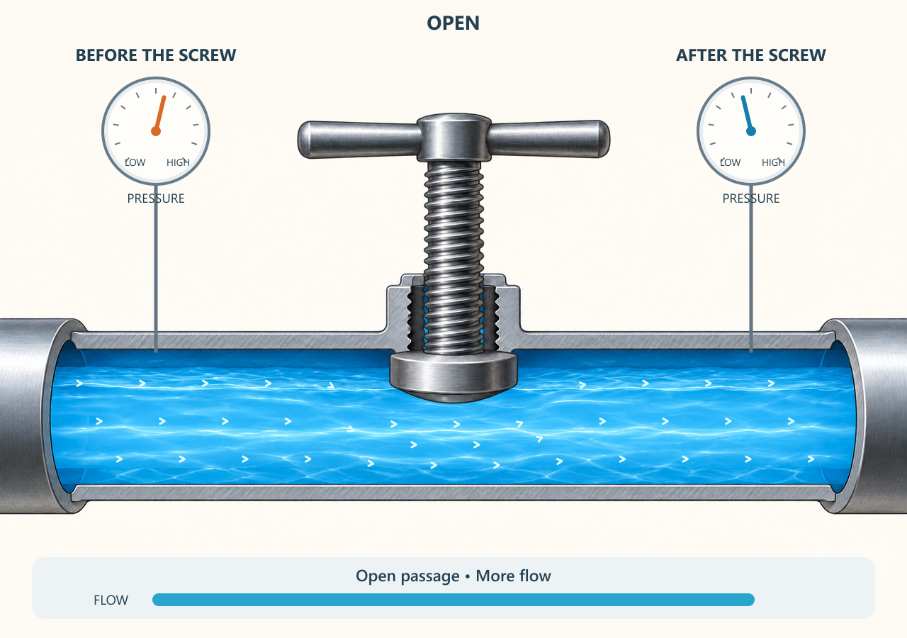 A screw opens and closes a water pipe. As the passage narrows, flow slows, pressure builds before the screw, and pressure drops after it. Two gauges show the pressure changes.