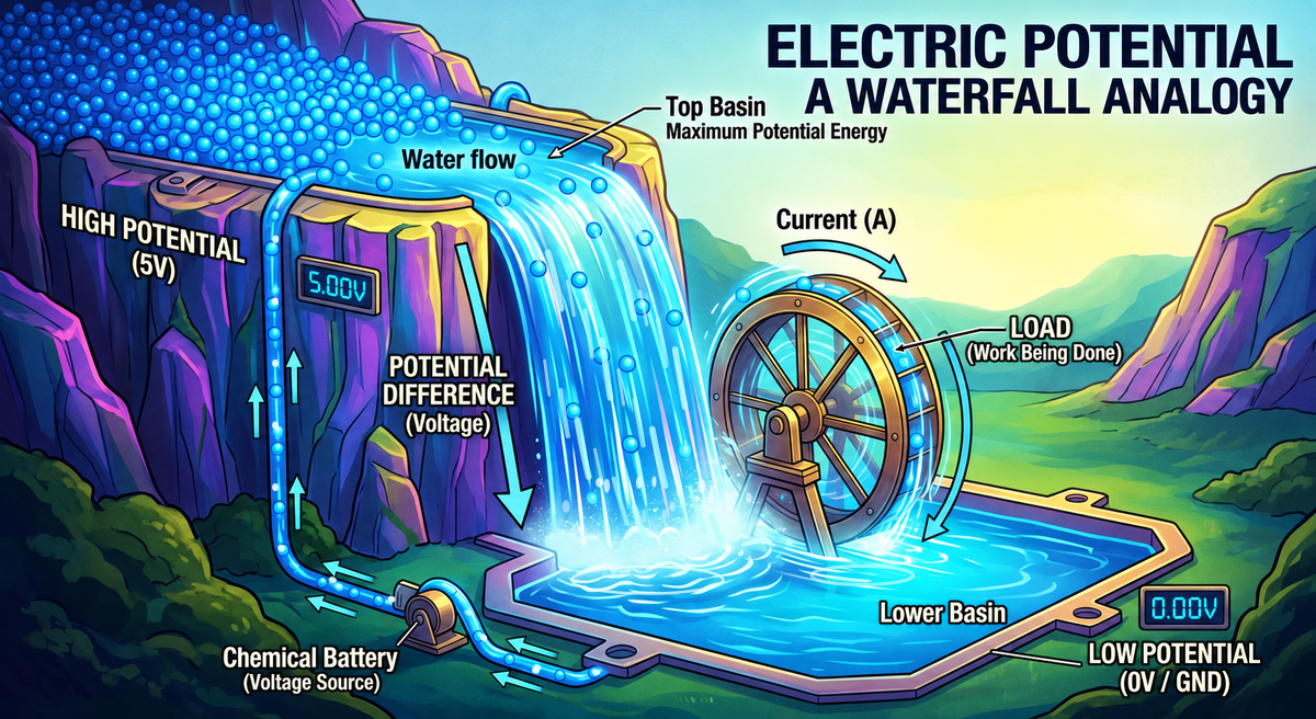 A waterfall analogy: an upper basin at 5V, a lower basin at 0V, water driving a load wheel, and a source returning water to the upper level. Water streams down the waterfall, splashes into the lower basin, and travels back up the return pipe.